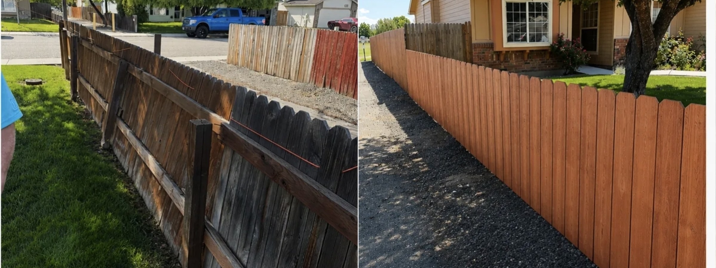 After: rebuilt privacy fence with fresh cedar-tone stain along a gravel walkway