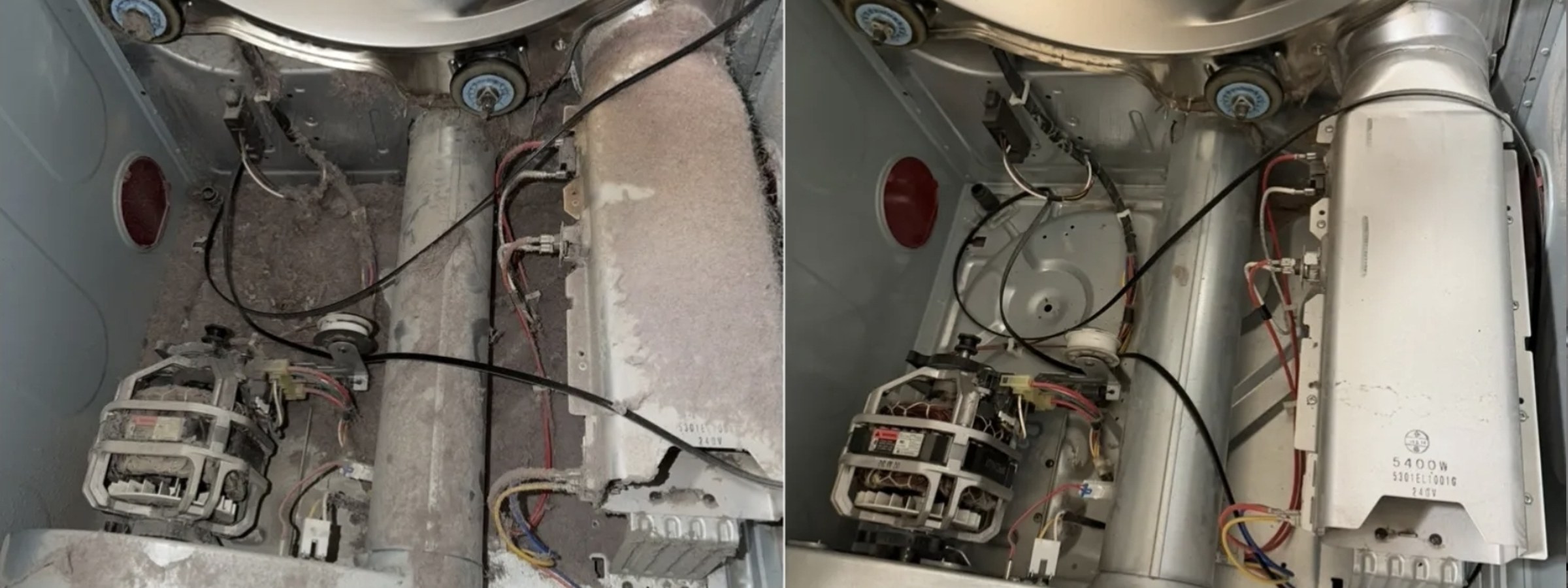 After: the same dryer interior cleaned, with clean motor and heater housing