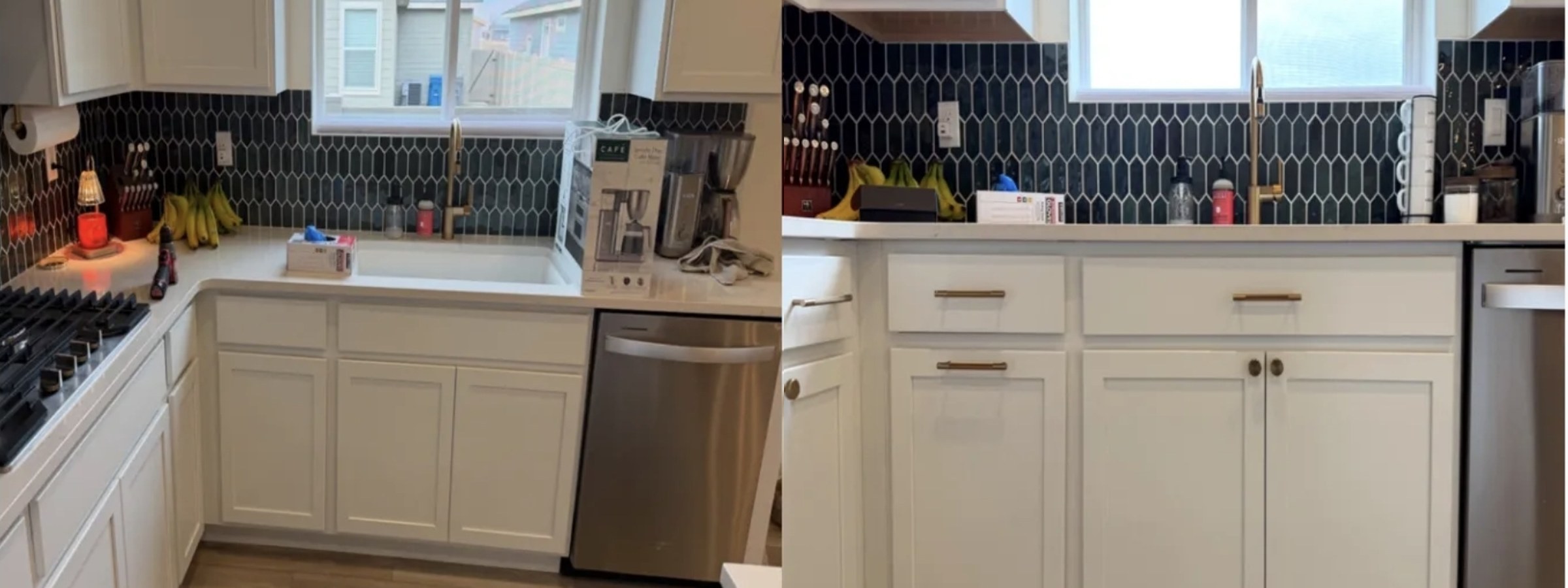 After: tidy kitchen with new gold cabinet pulls and matching gold faucet