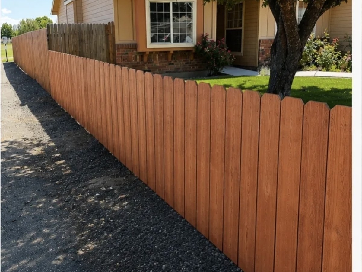 Freshly rebuilt and stained wood privacy fence completed by DK Handyman in Nampa, Idaho
